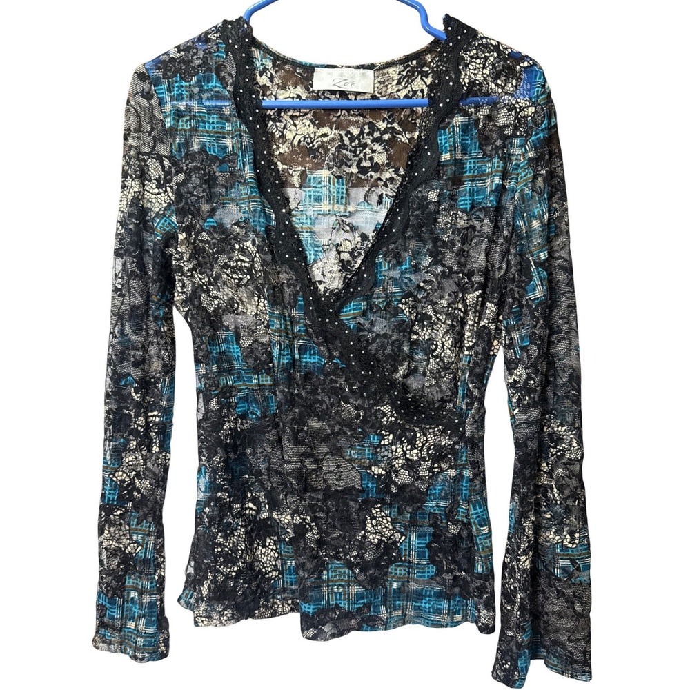 Zoe Y2k Sheer Lace Mesh Gem Detail Top